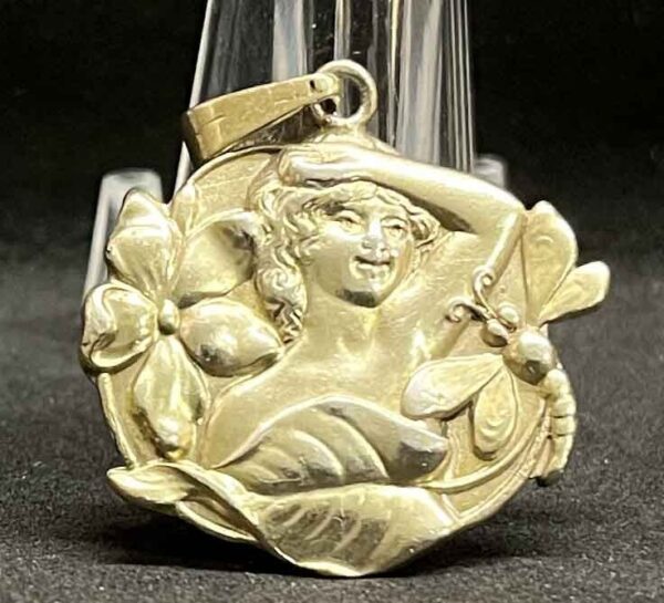 France 1920´ Amazing antique Art Nouveau lady flowers dragon-fly pendant charm - Image 3