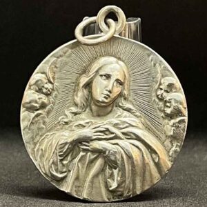 Antique Virgin Mary Medal – Cherubs – High Relief – Beautiful Design – Religious Charm