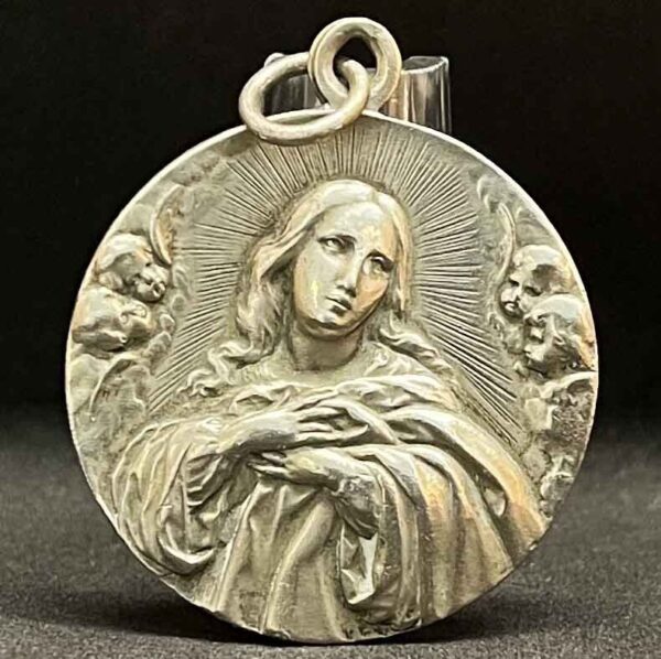 Antique Virgin Mary Medal – Cherubs – High Relief – Beautiful Design – Religious Charm