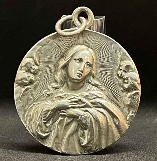 Antique Virgin Mary Medal – Cherubs – High Relief – Beautiful Design – Religious Charm - Image 6