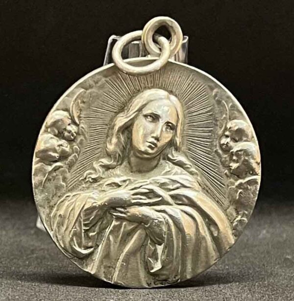 Antique Virgin Mary Medal – Cherubs – High Relief – Beautiful Design – Religious Charm - Image 5
