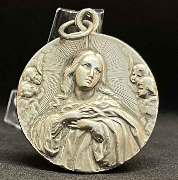 Antique Virgin Mary Medal – Cherubs – High Relief – Beautiful Design – Religious Charm - Image 4