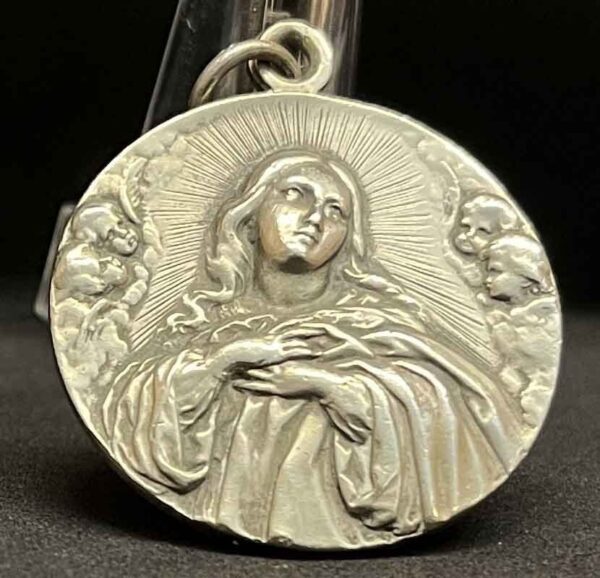 Antique Virgin Mary Medal – Cherubs – High Relief – Beautiful Design – Religious Charm - Image 3