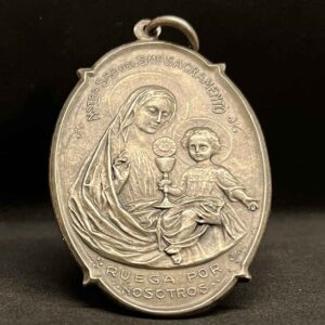 Antique Eucharistic Monstrance – Guardian Angels & Holy Sacrament – Beautiful Religious Medal