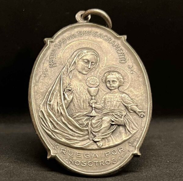 Antique Eucharistic Monstrance – Guardian Angels & Holy Sacrament – Beautiful Religious Medal