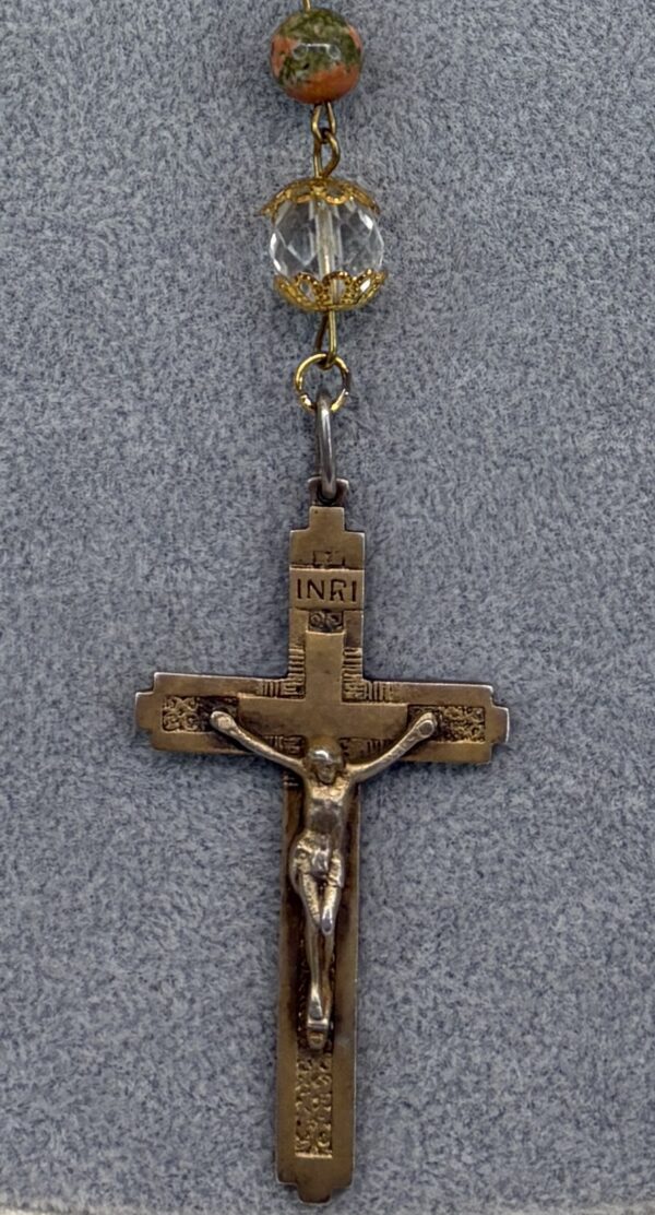 Handmade Rosary with Unakite Gemstones, Antique Crystal, Copper Medal & Gilded Silver Cross - Image 16