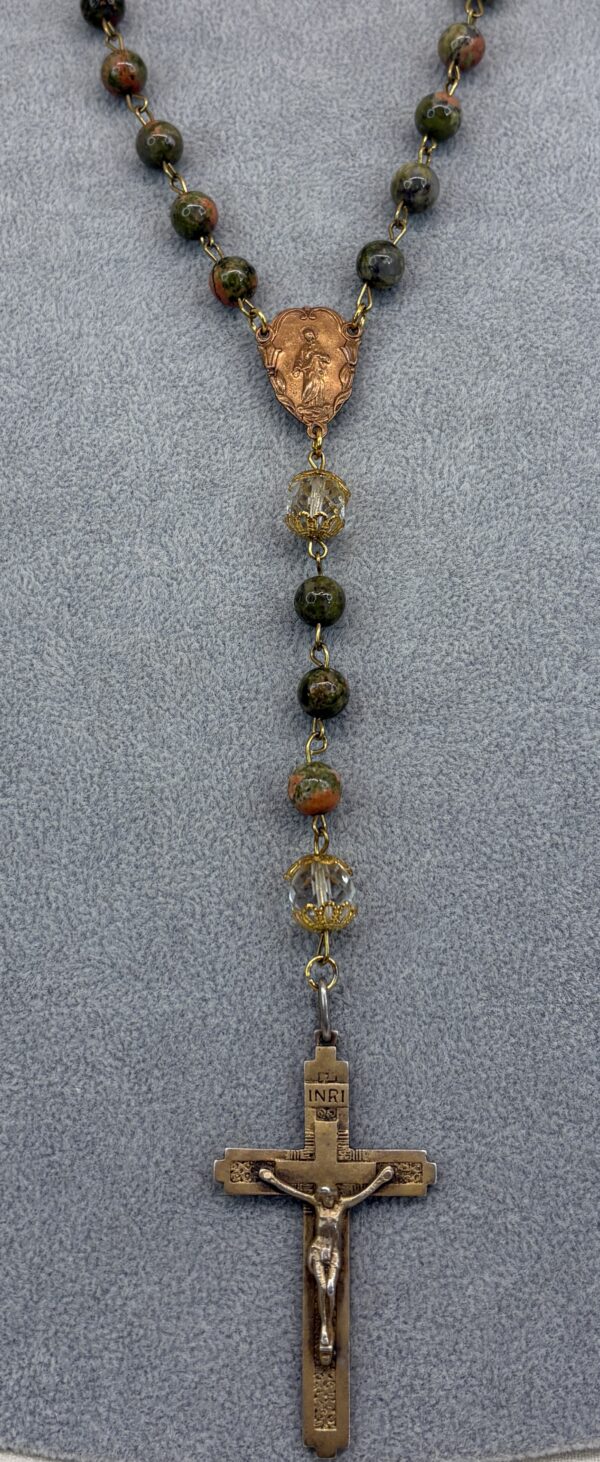 Handmade Rosary with Unakite Gemstones, Antique Crystal, Copper Medal & Gilded Silver Cross - Image 14