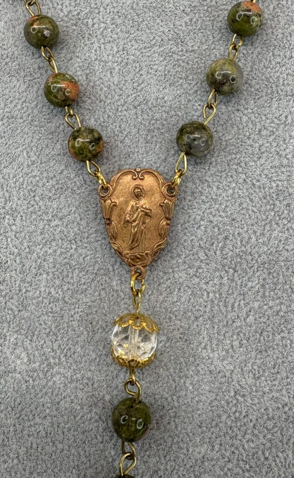 Handmade Rosary with Unakite Gemstones, Antique Crystal, Copper Medal & Gilded Silver Cross - Image 11