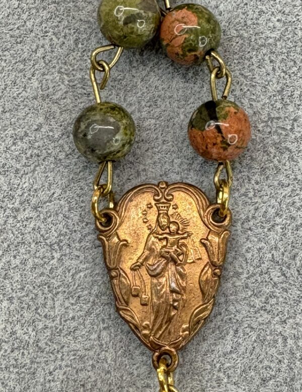 Handmade Rosary with Unakite Gemstones, Antique Crystal, Copper Medal & Gilded Silver Cross - Image 10