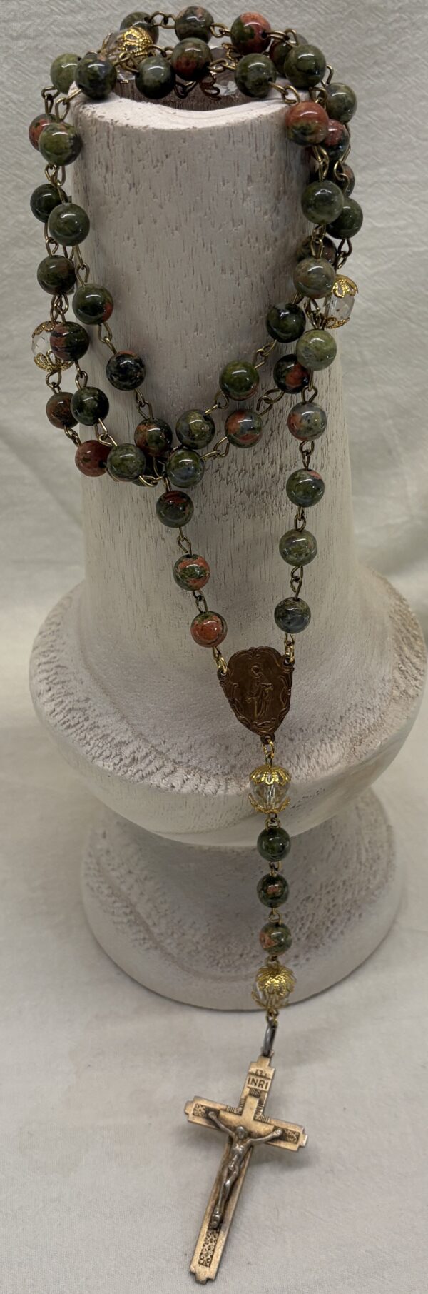 Handmade Rosary with Unakite Gemstones, Antique Crystal, Copper Medal & Gilded Silver Cross - Image 9
