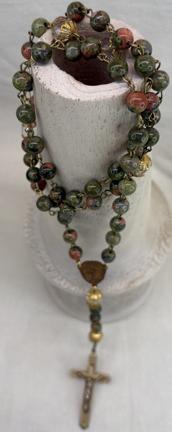 Handmade Rosary with Unakite Gemstones, Antique Crystal, Copper Medal & Gilded Silver Cross - Image 6