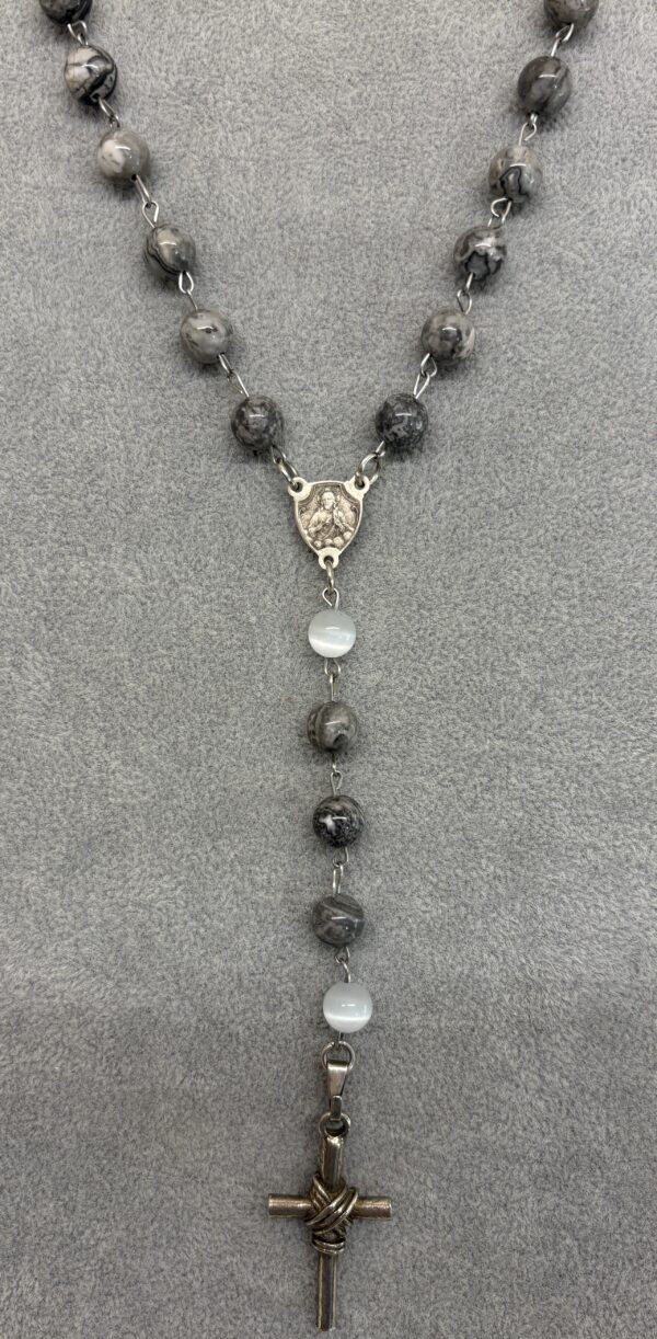 Handmade Rosary with Grey Jasper & Natural Selenite, Antique Silver Medal & White Metal Cross - Image 11