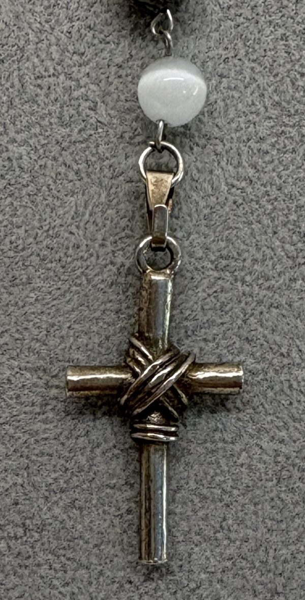 Handmade Rosary with Grey Jasper & Natural Selenite, Antique Silver Medal & White Metal Cross - Image 10