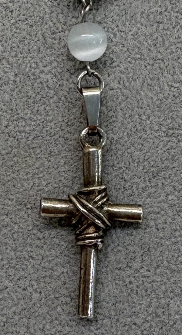 Handmade Rosary with Grey Jasper & Natural Selenite, Antique Silver Medal & White Metal Cross - Image 9