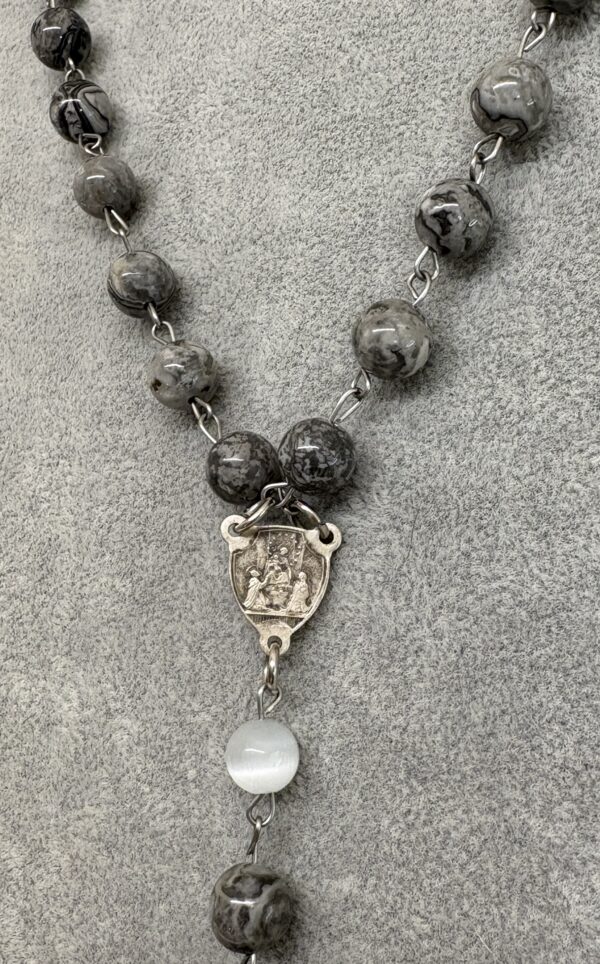 Handmade Rosary with Grey Jasper & Natural Selenite, Antique Silver Medal & White Metal Cross - Image 8