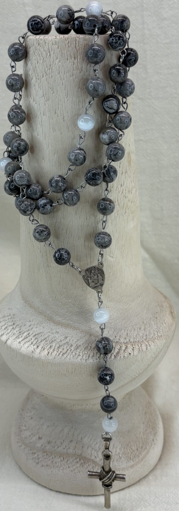 Handmade Rosary with Grey Jasper & Natural Selenite, Antique Silver Medal & White Metal Cross - Image 7