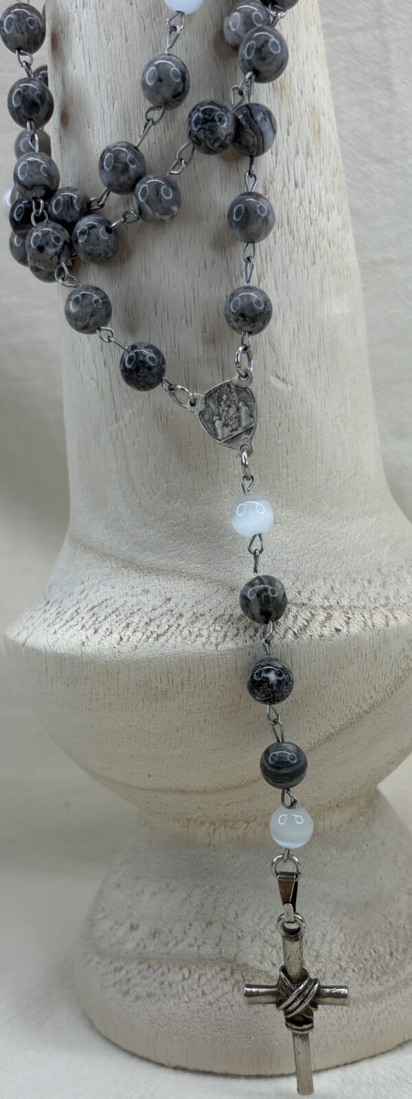 Handmade Rosary with Grey Jasper & Natural Selenite, Antique Silver Medal & White Metal Cross - Image 6