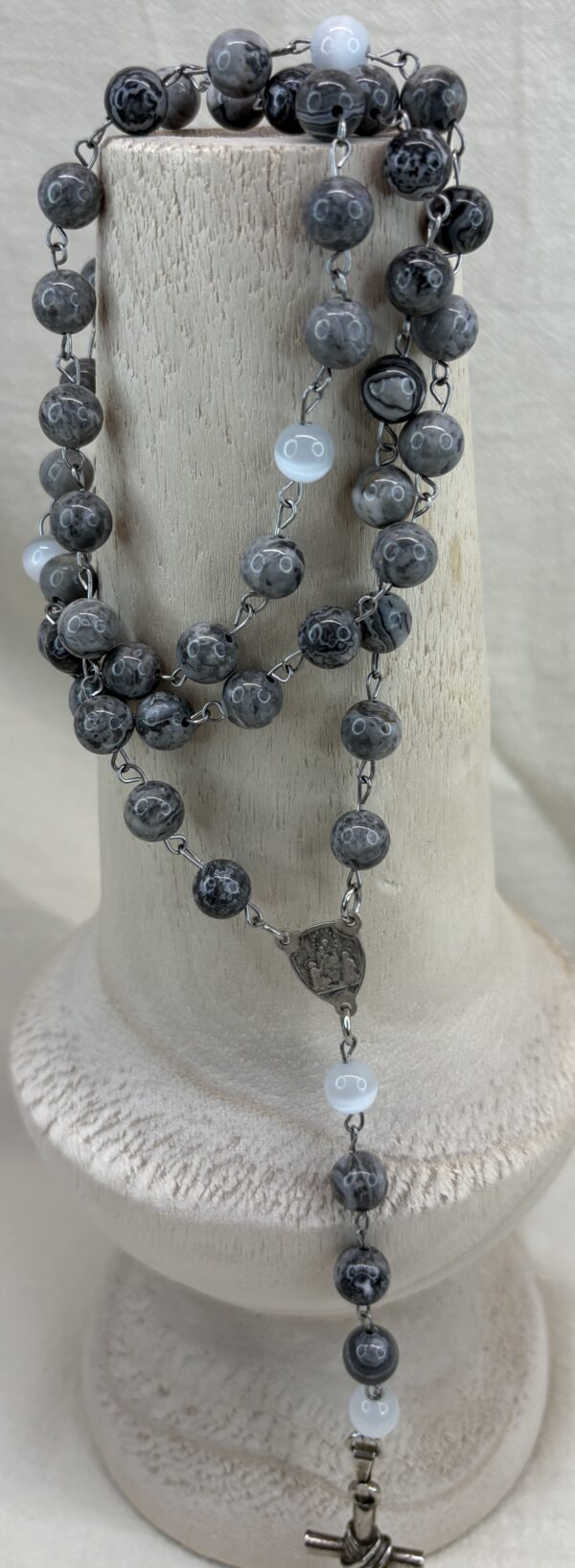 Handmade Rosary with Grey Jasper & Natural Selenite, Antique Silver Medal & White Metal Cross - Image 5