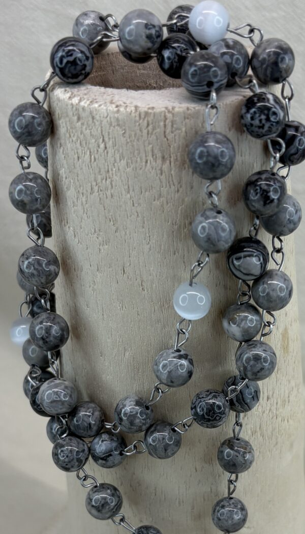 Handmade Rosary with Grey Jasper & Natural Selenite, Antique Silver Medal & White Metal Cross - Image 4