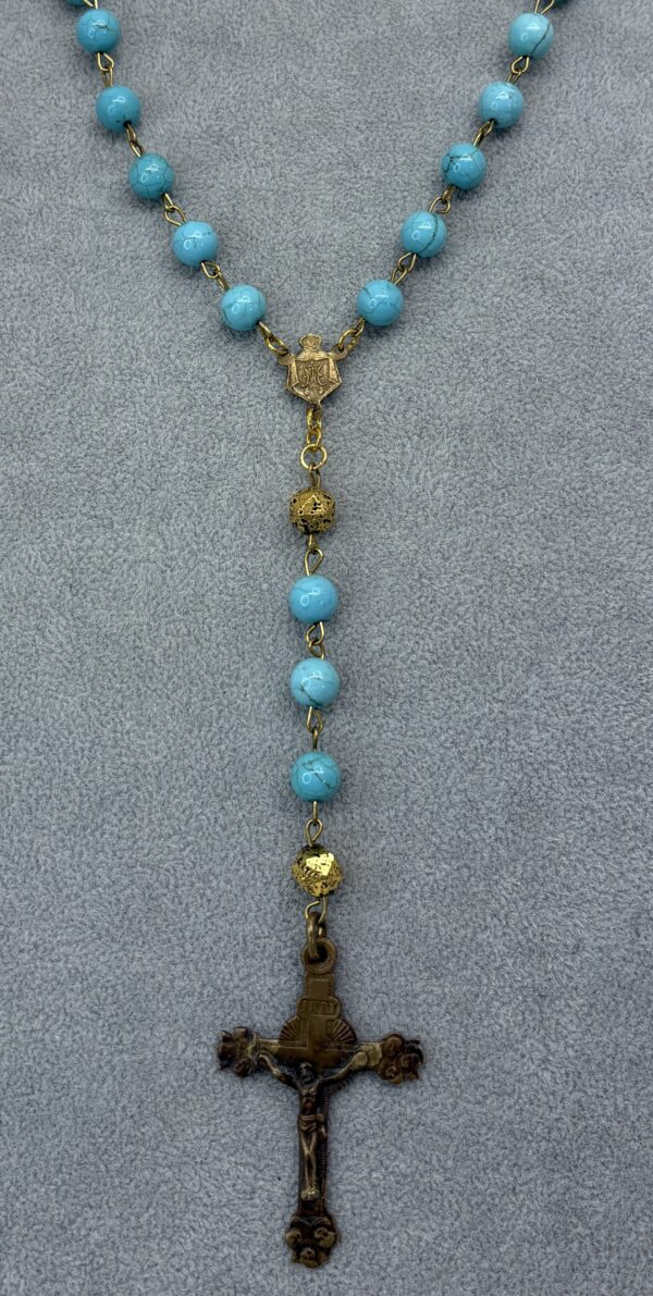 Handmade Rosary with Turquoise & Gold Lava Stones, Antique Medal & Bronze Cross - Image 11