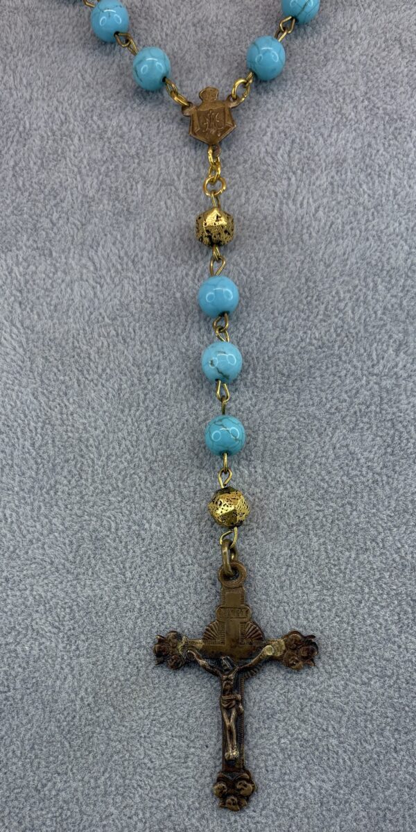 Handmade Rosary with Turquoise & Gold Lava Stones, Antique Medal & Bronze Cross - Image 10