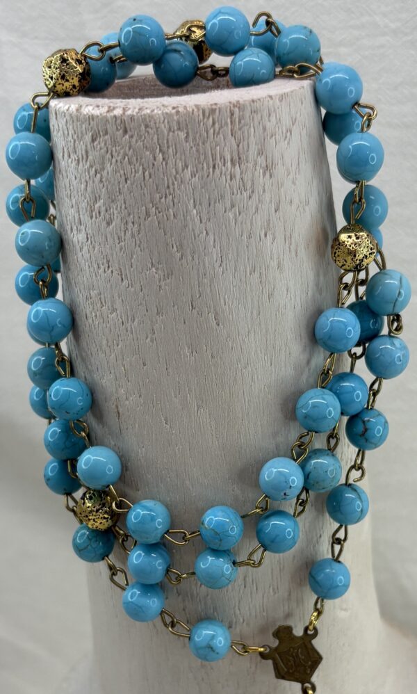 Handmade Rosary with Turquoise & Gold Lava Stones, Antique Medal & Bronze Cross - Image 8