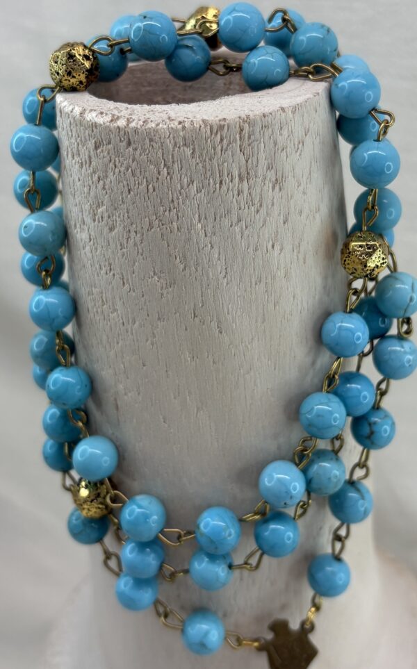 Handmade Rosary with Turquoise & Gold Lava Stones, Antique Medal & Bronze Cross - Image 7
