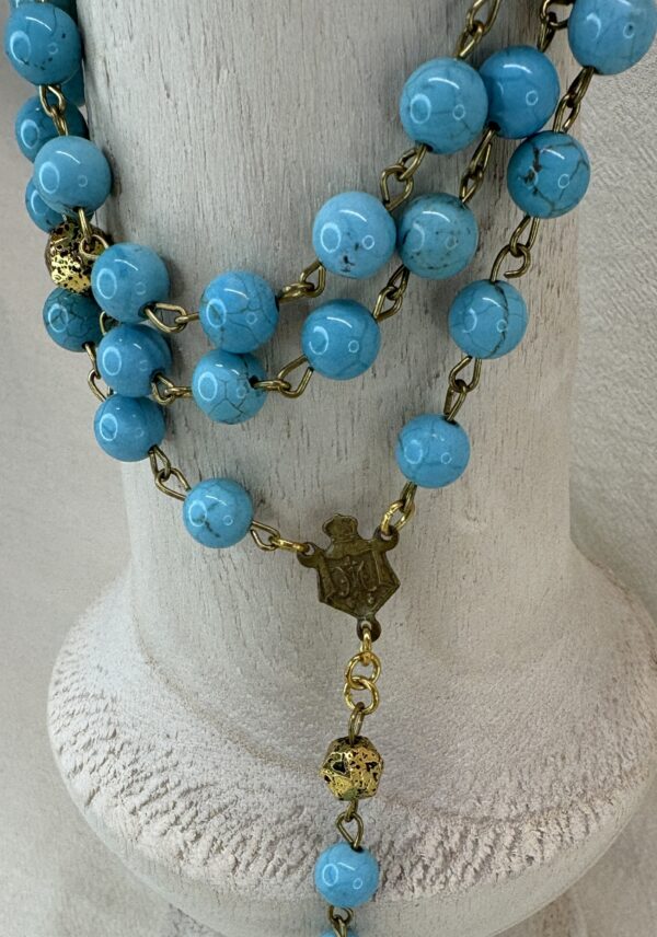 Handmade Rosary with Turquoise & Gold Lava Stones, Antique Medal & Bronze Cross - Image 6