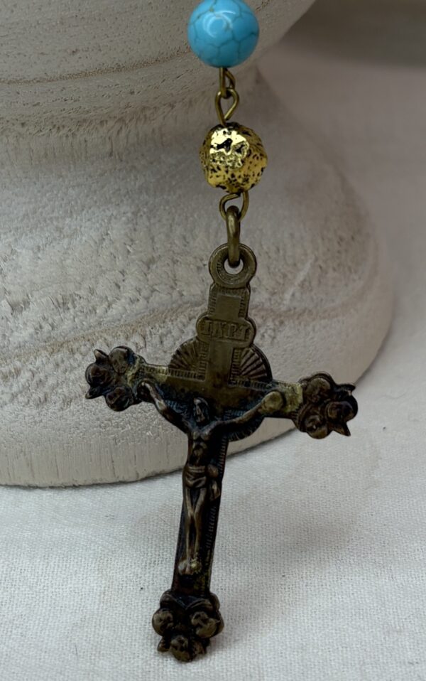 Handmade Rosary with Turquoise & Gold Lava Stones, Antique Medal & Bronze Cross - Image 5