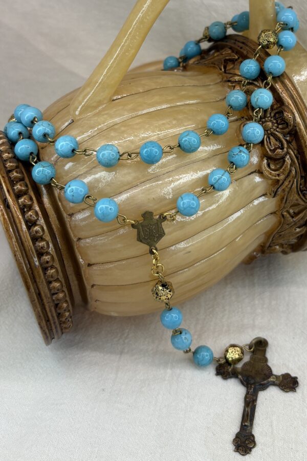 Handmade Rosary with Turquoise & Gold Lava Stones, Antique Medal & Bronze Cross - Image 4