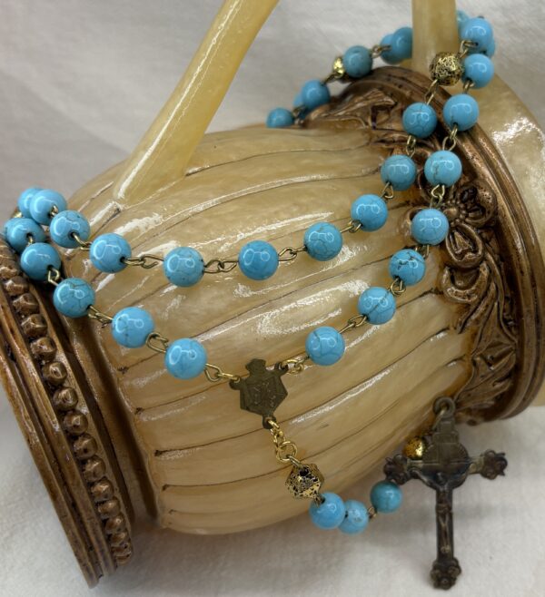 Handmade Rosary with Turquoise & Gold Lava Stones, Antique Medal & Bronze Cross - Image 3