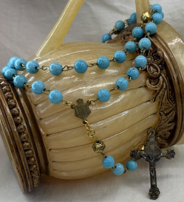Handmade Rosary with Turquoise & Gold Lava Stones, Antique Medal & Bronze Cross - Image 2