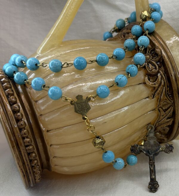 Handmade Rosary with Turquoise & Gold Lava Stones, Antique Medal & Bronze Cross