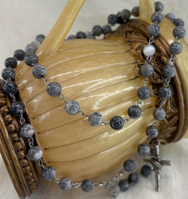 Handmade Rosary with Grey Jasper & Natural Selenite, Antique Silver Medal & White Metal Cross - Image 3