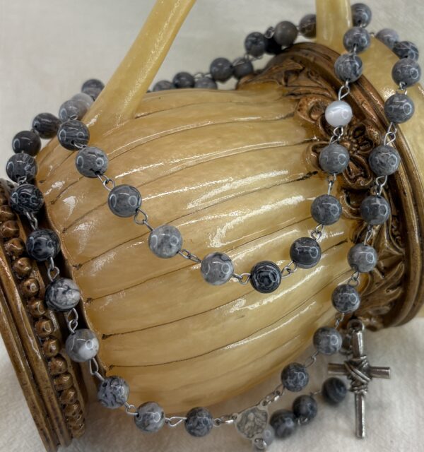 Handmade Rosary with Grey Jasper & Natural Selenite, Antique Silver Medal & White Metal Cross - Image 2