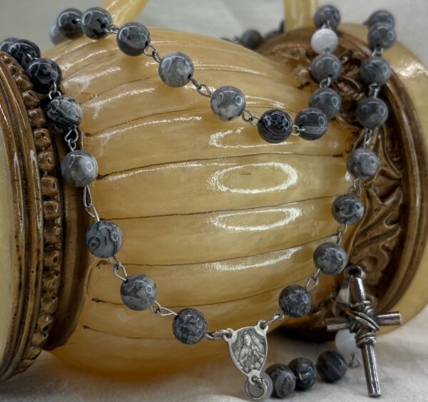 Handmade Rosary with Grey Jasper & Natural Selenite, Antique Silver Medal & White Metal Cross