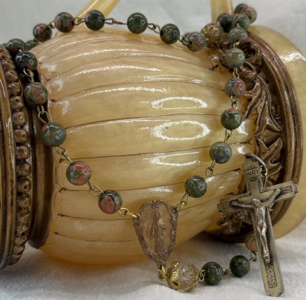 Handmade Rosary with Unakite Gemstones, Antique Crystal, Copper Medal & Gilded Silver Cross - Image 5