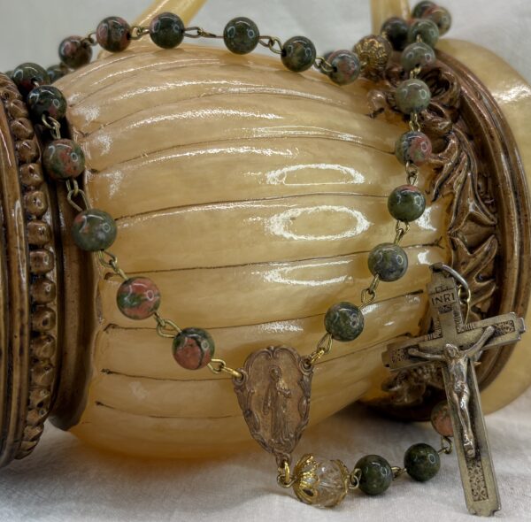 Handmade Rosary with Unakite Gemstones, Antique Crystal, Copper Medal & Gilded Silver Cross - Image 4