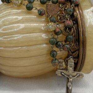 Handmade Rosary with Unakite Gemstones, Antique Crystal, Copper Medal & Gilded Silver Cross