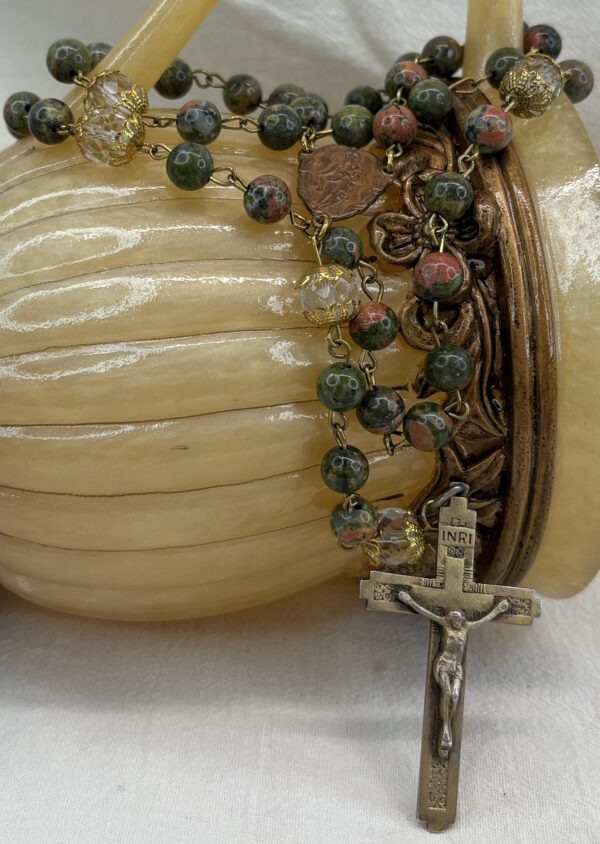 Handmade Rosary with Unakite Gemstones, Antique Crystal, Copper Medal & Gilded Silver Cross