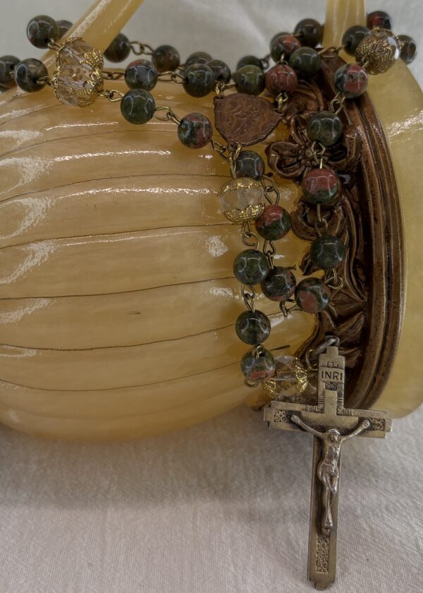 Handmade Rosary with Unakite Gemstones, Antique Crystal, Copper Medal & Gilded Silver Cross - Image 2