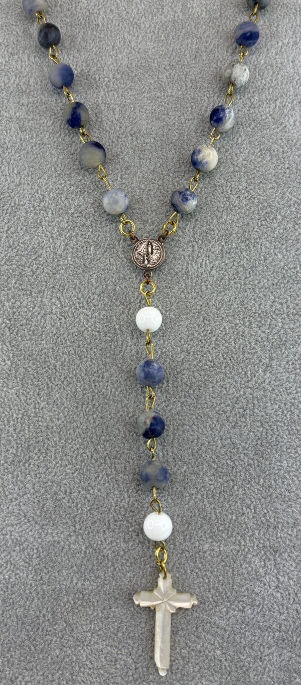 Handmade Rosary with Blue Sodalite, White Onyx, Antique Silver Medal & Mother of Pearl Cross - Image 9