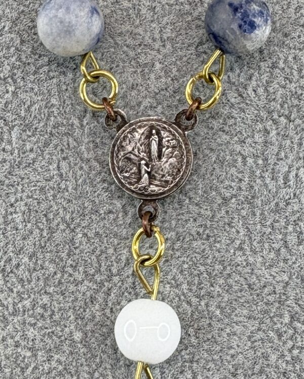 Handmade Rosary with Blue Sodalite, White Onyx, Antique Silver Medal & Mother of Pearl Cross - Image 8