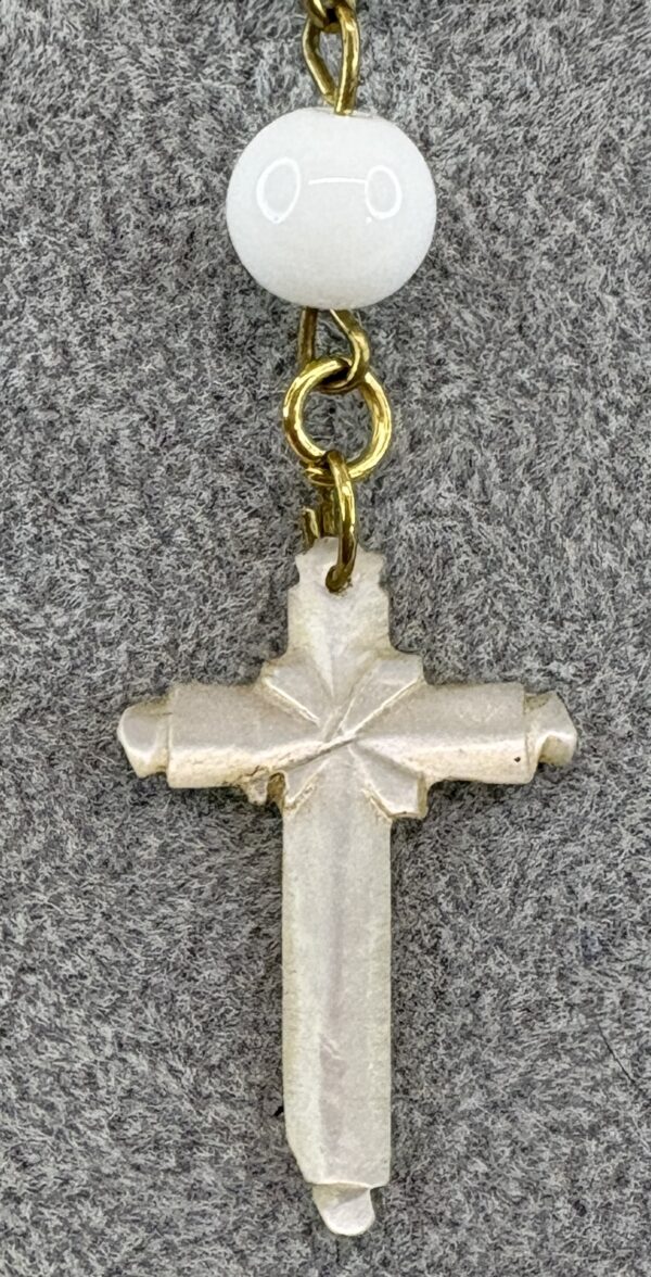 Handmade Rosary with Blue Sodalite, White Onyx, Antique Silver Medal & Mother of Pearl Cross - Image 7