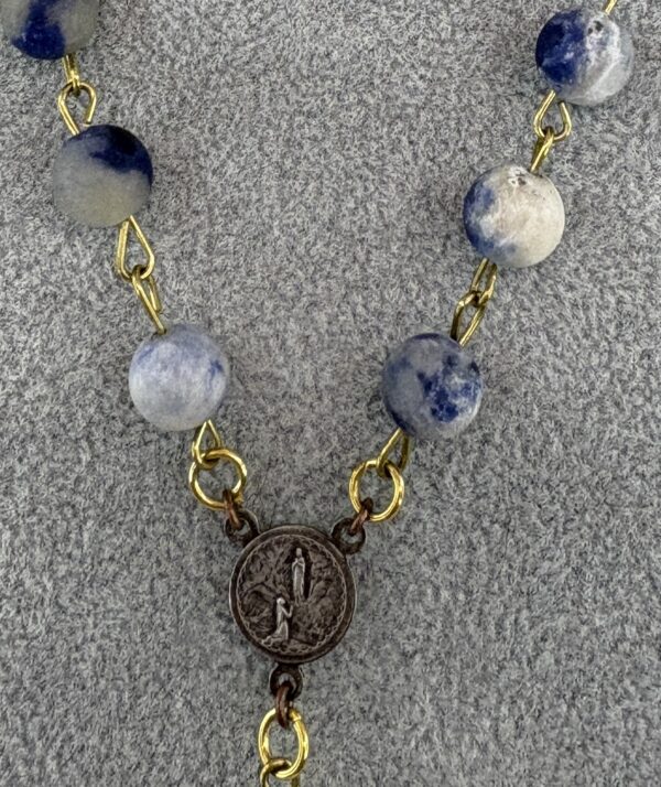 Handmade Rosary with Blue Sodalite, White Onyx, Antique Silver Medal & Mother of Pearl Cross - Image 6