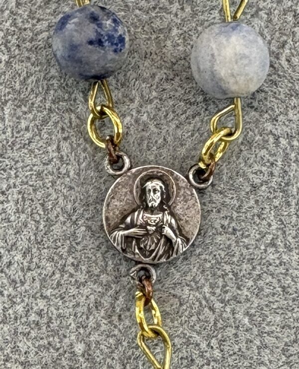 Handmade Rosary with Blue Sodalite, White Onyx, Antique Silver Medal & Mother of Pearl Cross - Image 5