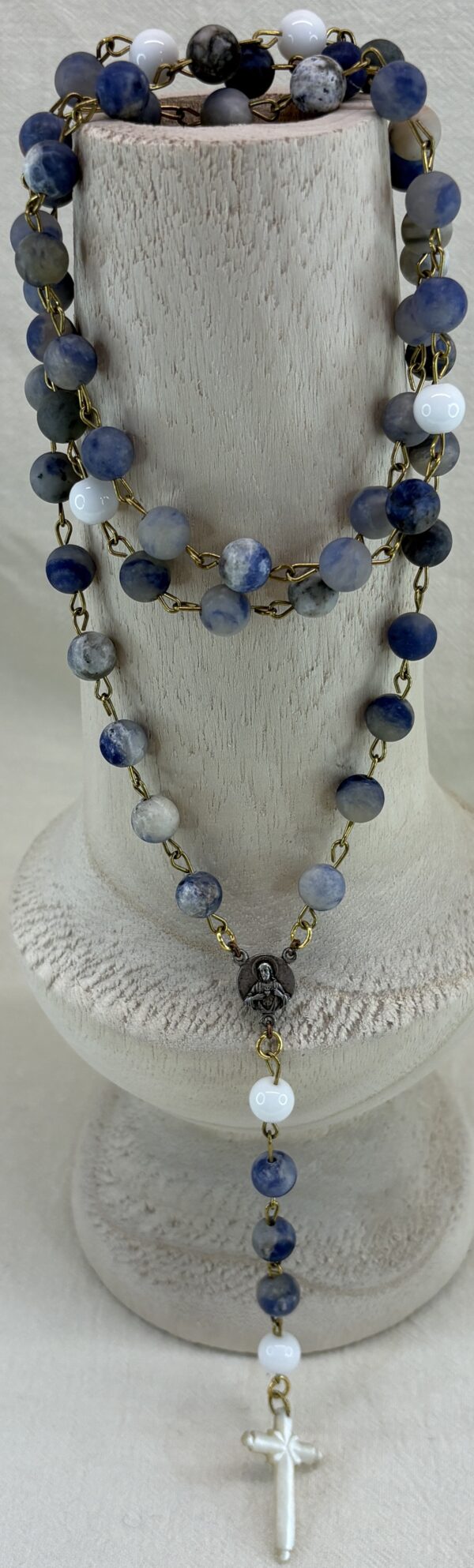 Handmade Rosary with Blue Sodalite, White Onyx, Antique Silver Medal & Mother of Pearl Cross - Image 4