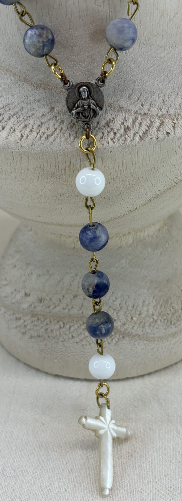 Handmade Rosary with Blue Sodalite, White Onyx, Antique Silver Medal & Mother of Pearl Cross - Image 3