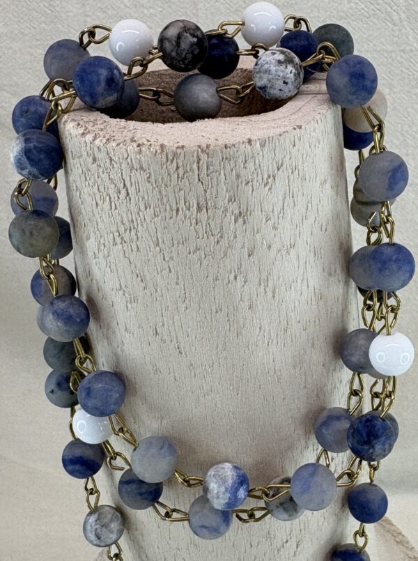Handmade Rosary with Blue Sodalite, White Onyx, Antique Silver Medal & Mother of Pearl Cross - Image 2