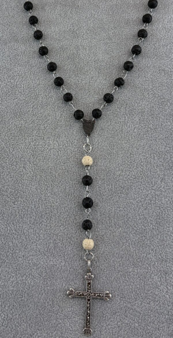 Handmade Rosary with Black & White Lava Stone, Antique Silver Cross & Marian Medal - Image 11